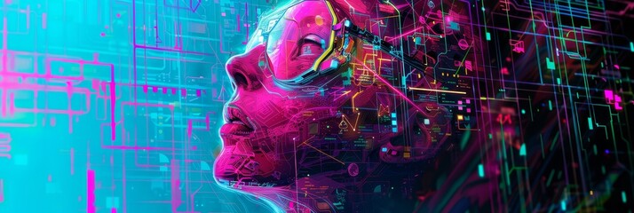 Fusion: Woman and Technology - A vibrant portrait of a woman merging with technological circuitry, representing the intersection of humanity and artificial intelligence