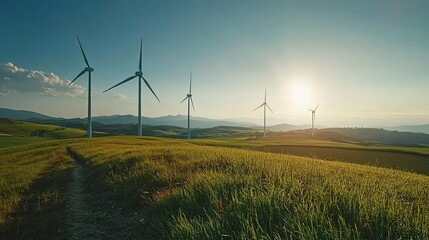 Scenic Wind Turbines at Energy Farm in Golden Fields