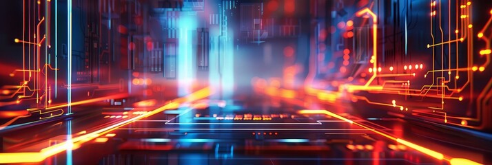 Futuristic Technology Network - Abstract landscape with glowing circuits and vibrant colors, ideal for tech and innovation concepts