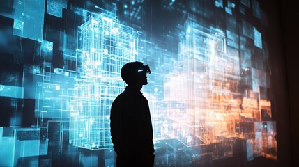 Silhouette of Architect with Virtual Design on Transparent Screen