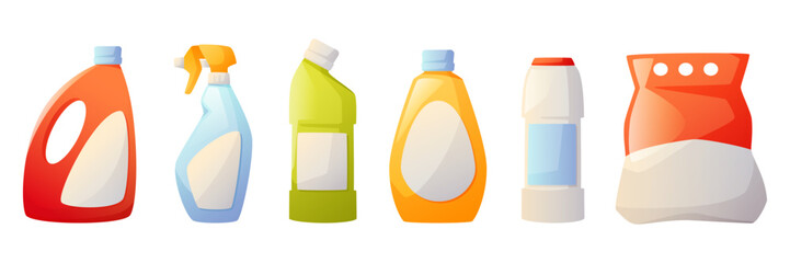 Vector illustration of detergent packages. Plastic bottles with cleaning products, washing powder for laundry, spray bottle, dishwashing detergent. Spring cleaning, cleaning, cleanliness in the house.