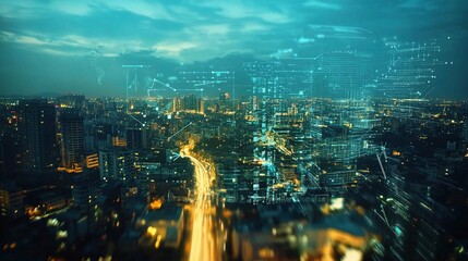 Urban Skyline with Digital Overlay Representing Financial Growth