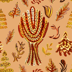 Watercolour falling stylisation pattern. Autumn leaves. Palm and oak leaves