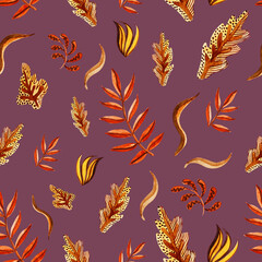 Watercolour falling stylisation pattern. Autumn leaves. Palm and oak leaves