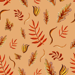 Watercolour falling stylisation pattern. Autumn leaves. Palm and oak leaves