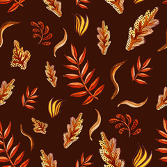Watercolour falling stylisation pattern. Autumn leaves. Palm and oak leaves