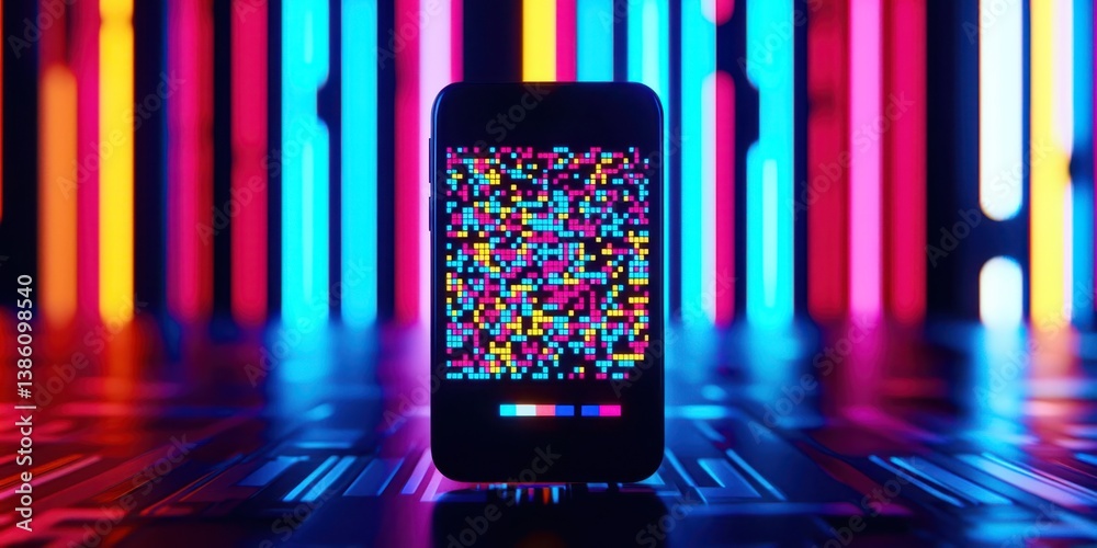 Aufkleber A QR code is lit up in neon colors in a futuristic setting