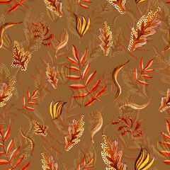 Watercolour falling stylisation pattern. Autumn leaves. Palm and oak leaves