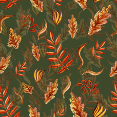 Watercolour falling stylisation pattern. Autumn leaves. Palm and oak leaves