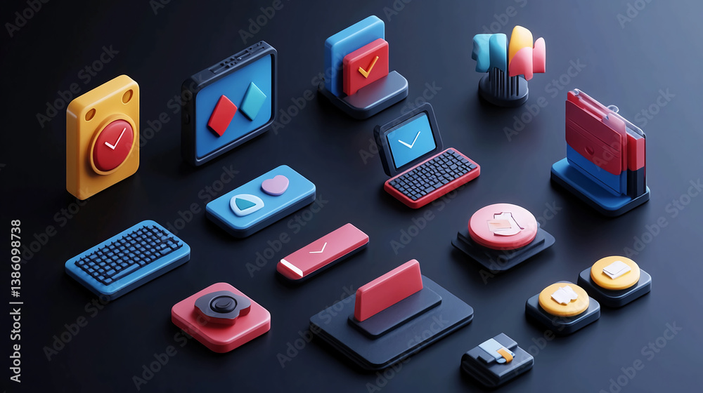Poster isometric app icons ui ux design elements for website and mobile application interface development k