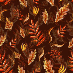 Watercolour falling stylisation pattern. Autumn leaves. Palm and oak leaves