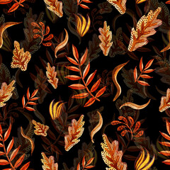 Watercolour falling stylisation pattern. Autumn leaves. Palm and oak leaves