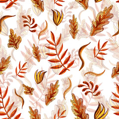 Watercolour falling stylisation pattern. Autumn leaves. Palm and oak leaves