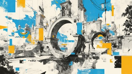 Fototapeta premium Urban landscape with artistic abstraction, and geometric shapes in vivid colors