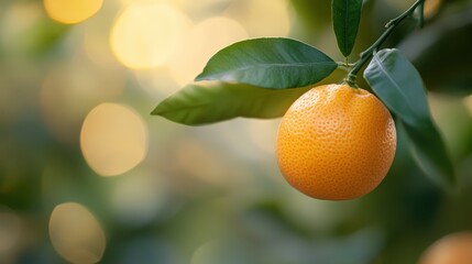 Bright Orange Kumquat Close Up Hanging on Tree Branch with Green Leaves on Bokeh Background.