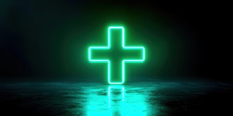 Obraz premium A green cross is lit up in a dark room