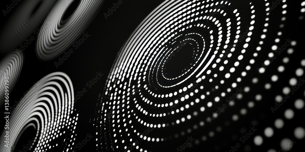 Poster a black and white image of a spiral with many dots