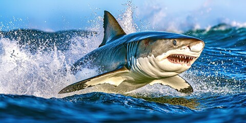 Fototapeta premium A shark is shown with its mouth wide open, showing its teeth