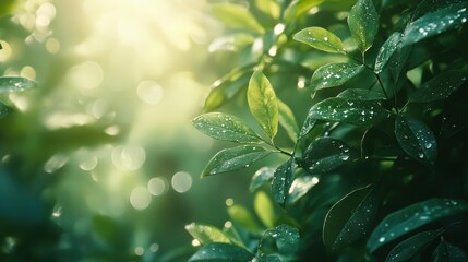 A background featuring lush green foliage with a natural bokeh effect from soft sunlight