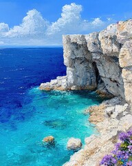 Fototapeta premium Serene Coastal View with Crystal Clear Water and Rocky Cliffs under a Blue Sky; Minimalist Nature Inspiration for Tranquil Settings