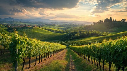 Naklejka premium Tuscan Vineyard Sunset: Rolling Hills of Italy
