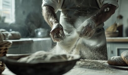 A man in an apron sprinkles flour on dough in a cozy kitchen, focusing on his crafting of bread while surrounded by baking essentials