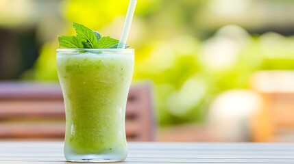 Refreshing green smoothie topped with fresh mint leaves in a clear glass, placed on a wooden table with a blurred green background