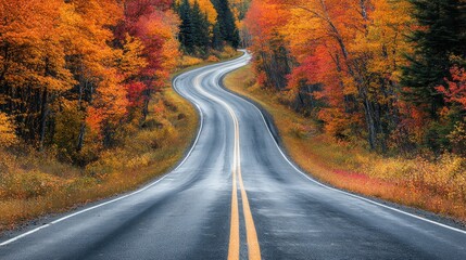 Naklejka premium Autumnal Road Trip: A Scenic Drive Through Vibrant Fall Foliage