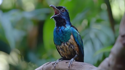 Naklejka premium Singing Metallic Starling Perched on Branch in Lush Green Foliage