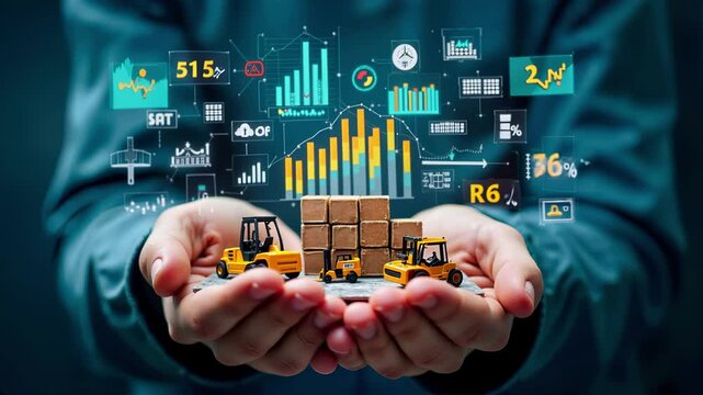 Hands holding warehouse scene with forklifts and cargo boxes surrounded by digital analytics dashboard. Logistics data visualization with supply chain performance metrics, inventory
