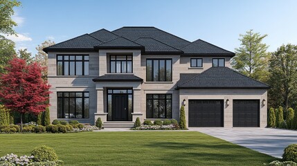 Modern luxurious home design. Large stone facade with dark roofing.  Spacious layout, perfect for a family