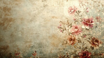 A vintage wallpaper background with intricate floral patterns and faded colors