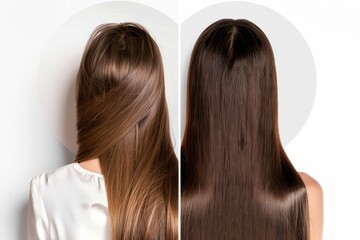 Fototapeta premium Before and after hair treatment revealing enhanced shine, smoothness, and healthy appearance, showcasing noticeable transformation