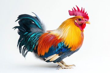 Fototapeta premium Standing Colorful Rooster with Red Comb and Yellow Feathers Isolated