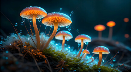 Enchanting bioluminescent mushrooms glowing in a mystical forest, with dew drops and soft blue light.