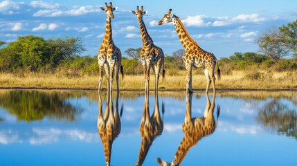 Fototapeta premium Giraffes Standing by Water Hole Reflecting in Water on Sunny Day