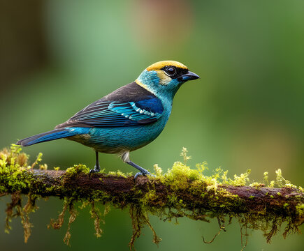 Tanager sitting on the branch. Golden-hooded Tanager, Tangara larvata, exotic tropic blue bird with gold head