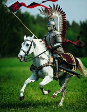 Polish hussar, a winged knight with a lance in his hand attacking on horseback	