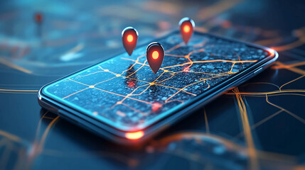 Mobile gps navigation app with location pins and digital map technology for travel and directions use