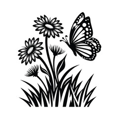 Black Flowers and Butterfly with Spot Patterns on White Background