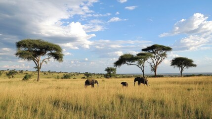 Obraz premium Elephants Walking in African Savanna Landscape with Tall Grass and Trees