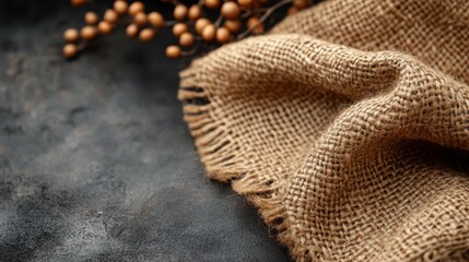 A textured burlap fabric background with rough threads and a natural rustic look