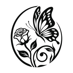 Butterfly and Rose Floral Design, Black Silhouette, Isolated 
