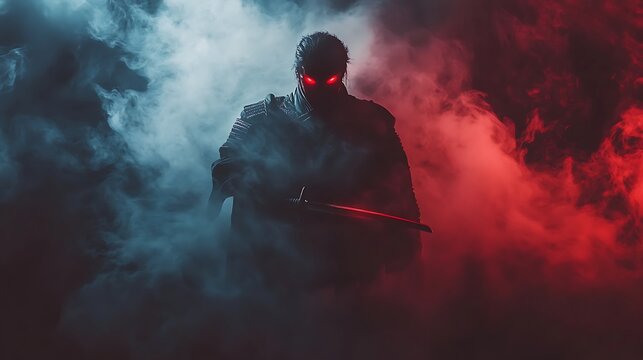 Mysterious figure illuminated with red glowing eyes and wielding a sword