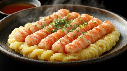 Steamed shrimp wrapped in bacon on noodles