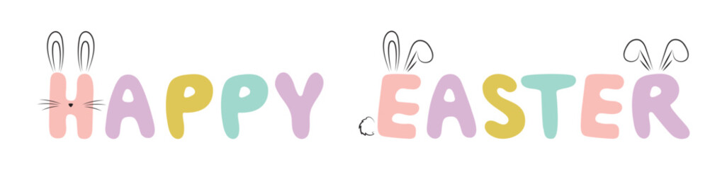 happy easter lettering with bunny ears, hand drawn letters with cute details isolated on white background, vector illustration, design element for greeting cards, easter decoration, banner, poster