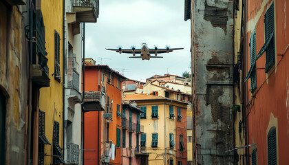 Fototapeta premium Low angle view of plane flying over buildings in city