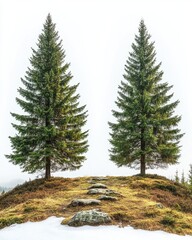 Two evergreen trees stand tall on a hill with a path of stones leading up to them in a serene landscape
