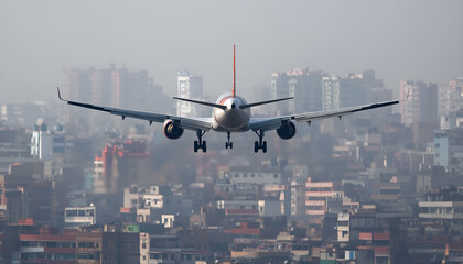 Low angle view of plane flying over buildings in city