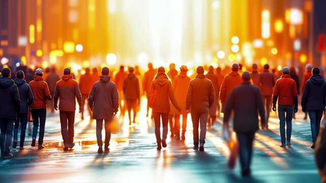 Silhouetted crowd walking forward on reflective city street at sunset with warm orange glow illuminating urban scene. Anonymous pedestrians moving together through golden light mysterious atmosphere